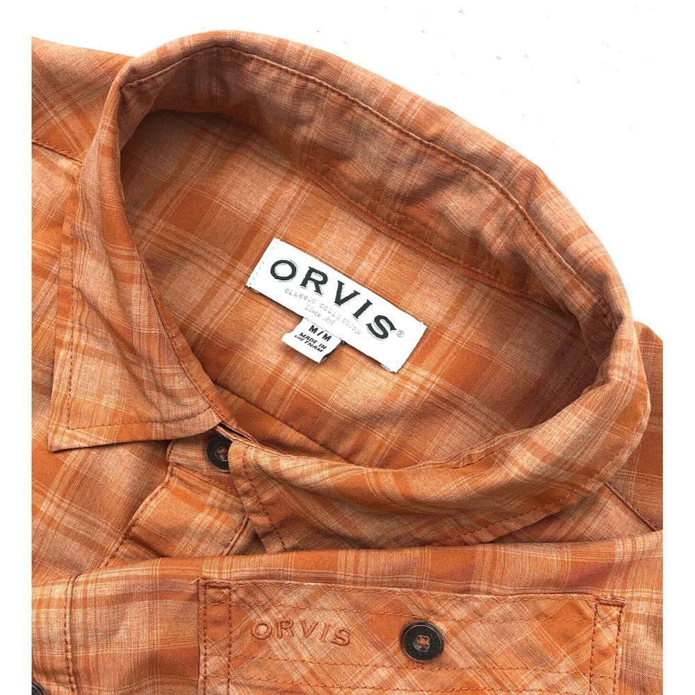 Orvis Button Shirt Mens M Orange Plaid Vented Lightweight Hiking Camp Fish Tech‎